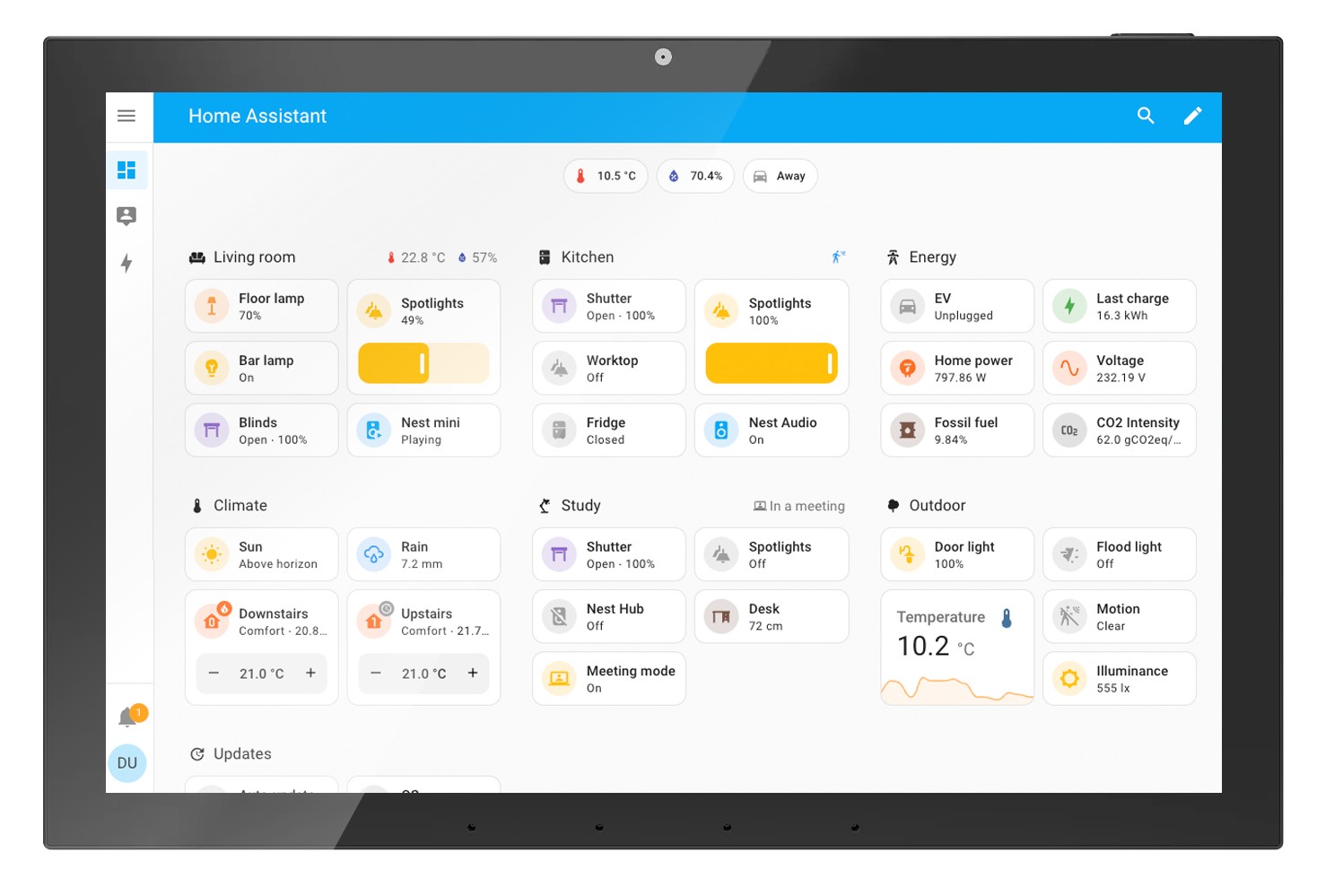HOMIQ Smart Home Panel 10.1 con dashboard de Home Assistant